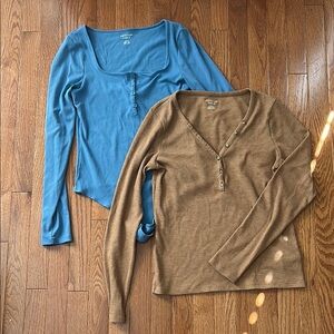 Blue and Brown Long Sleeve Tops